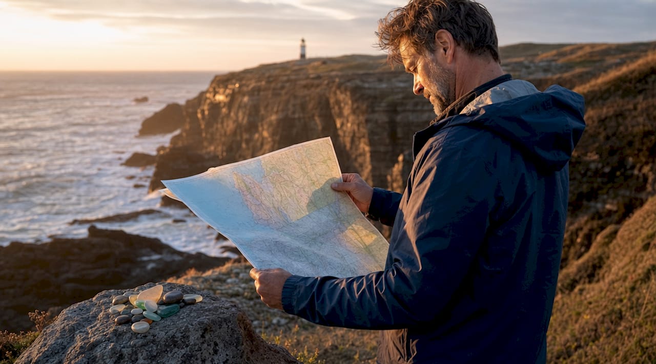 Traveler studying Isle of Skye map outdoors
