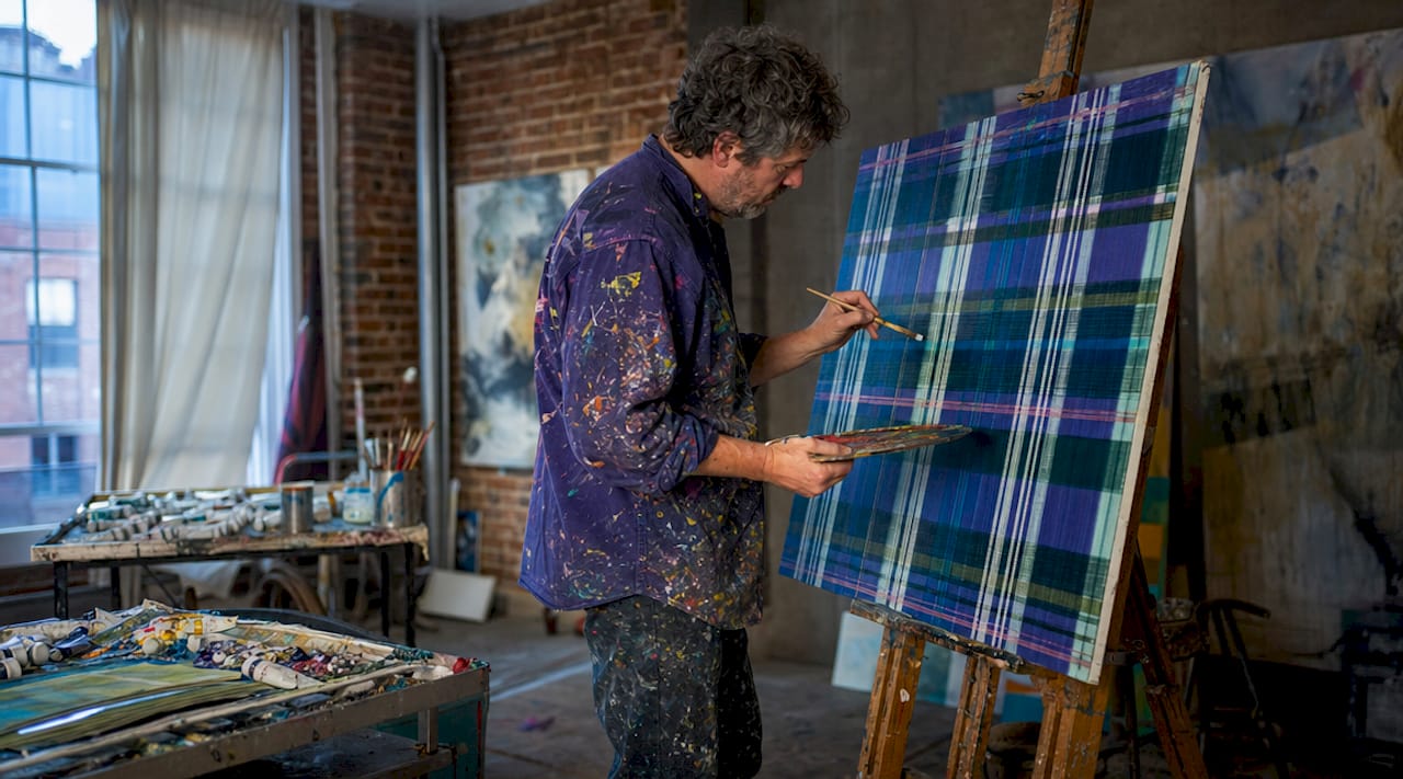 Scottish artist painting tartan in studio