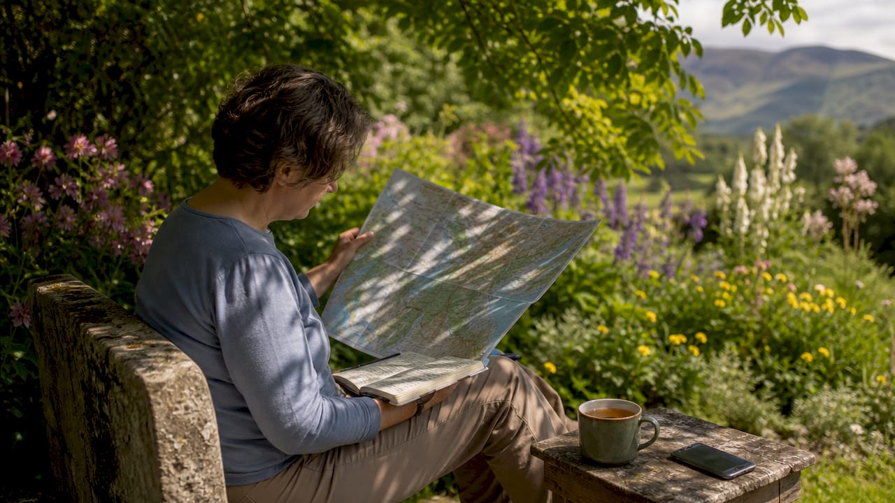 Person planning Highland itinerary at home table