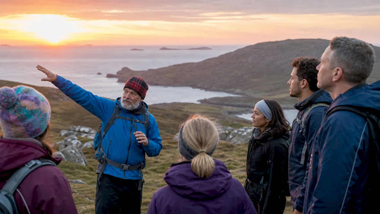 Local guide showing landscape to hikers