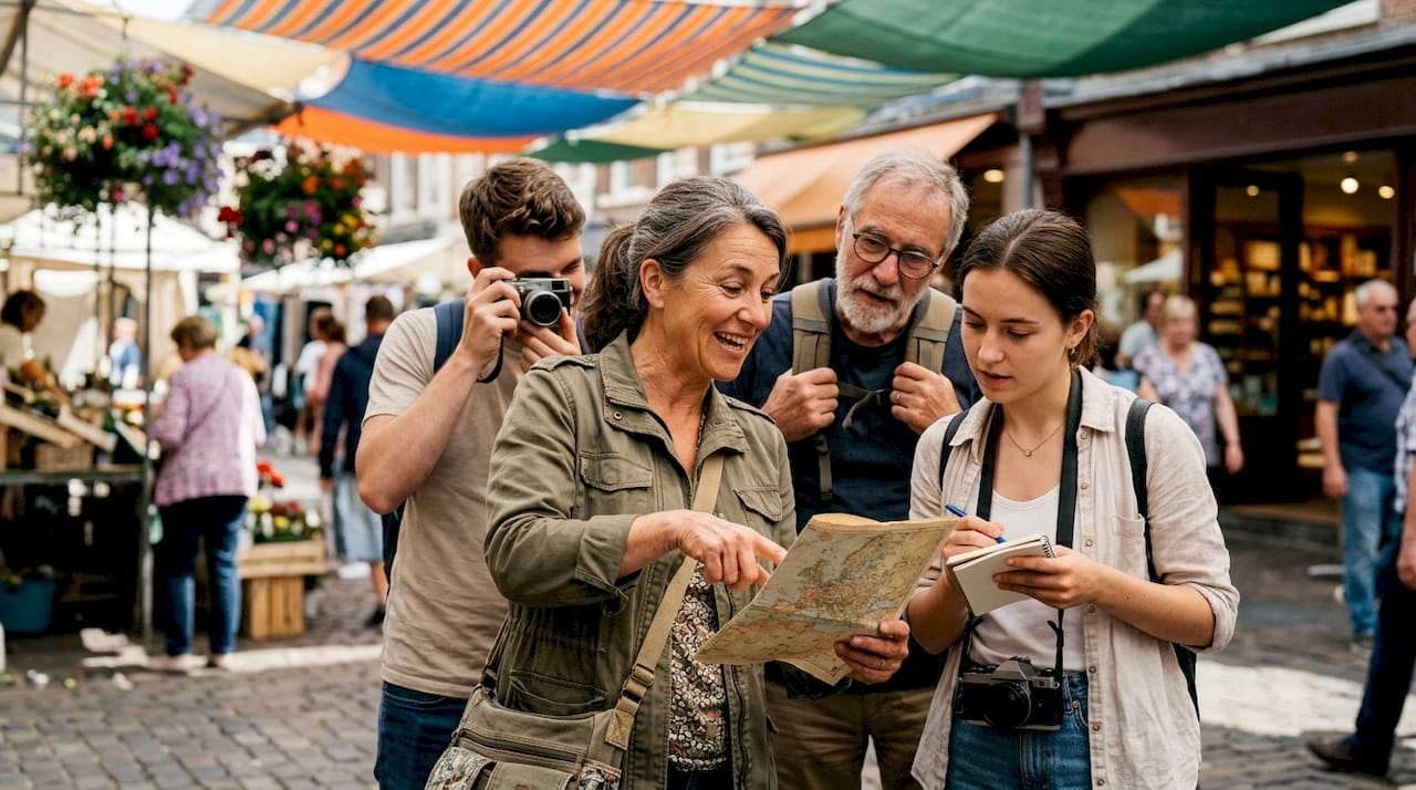 Private tour guide explaining to group outdoors