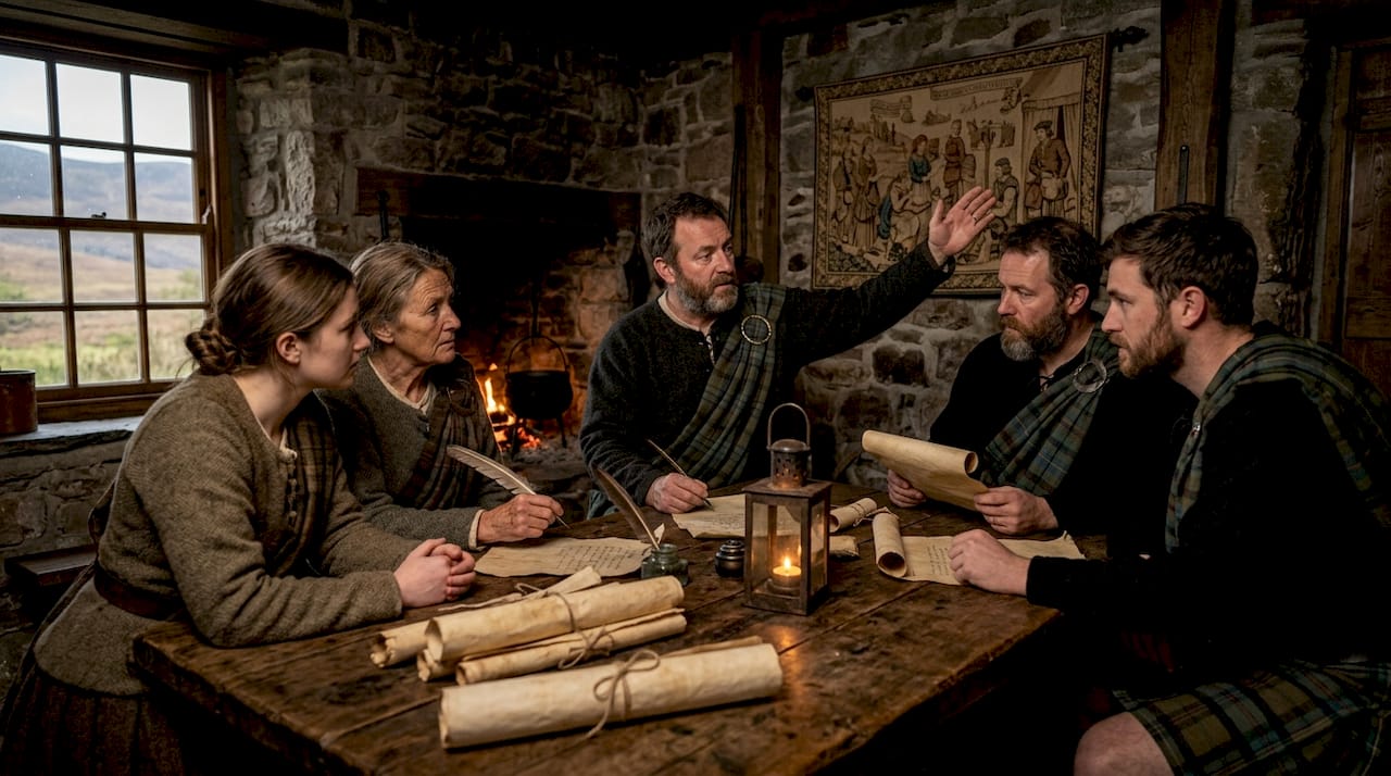 Clan members discussing leadership indoors