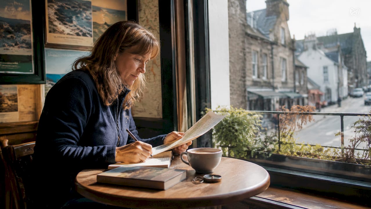 Traveller reviewing flexible tour itinerary in cabin