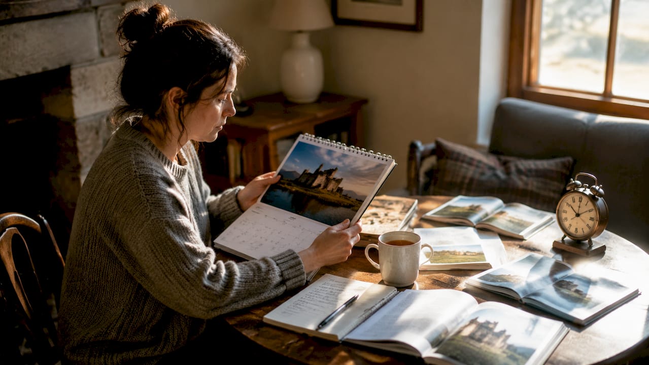 Person planning trip with calendar and brochures