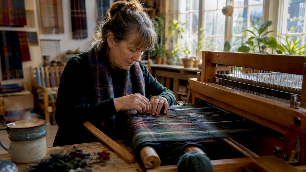 Artisan weaving tartan fabric in workshop