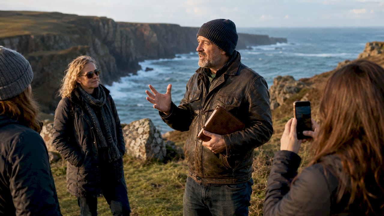 Scottish tour guide speaking to visitors outdoors