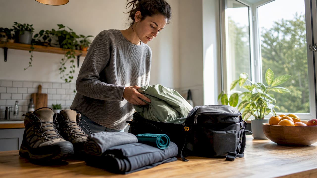 Person packing waterproof jacket into backpack
