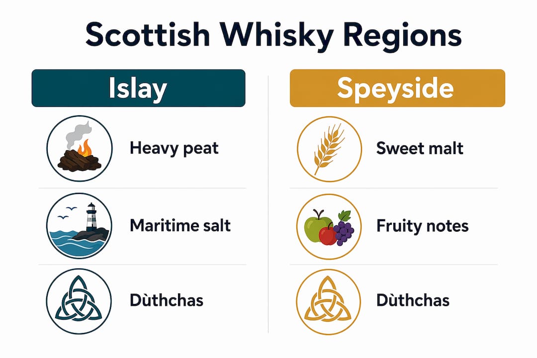 Infographic comparing Islay and Speyside whisky styles and cultural links