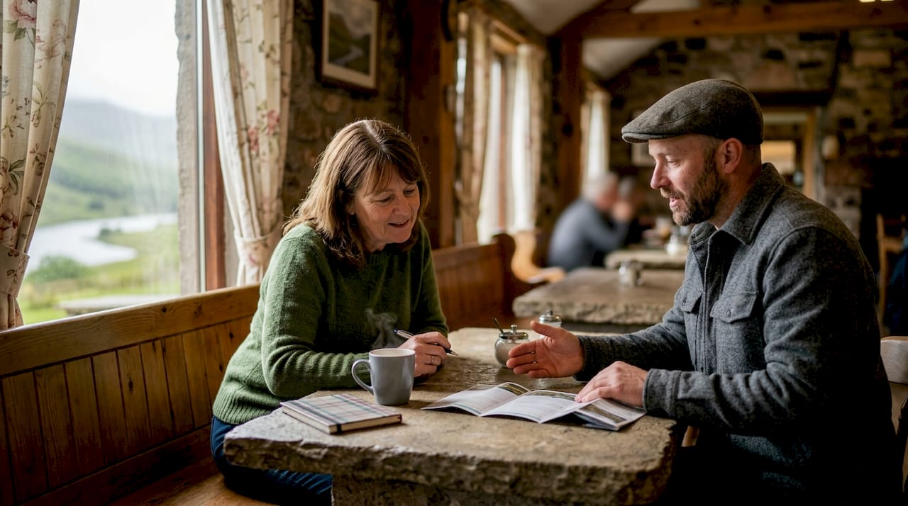 Tourist and guide discussing itinerary indoors