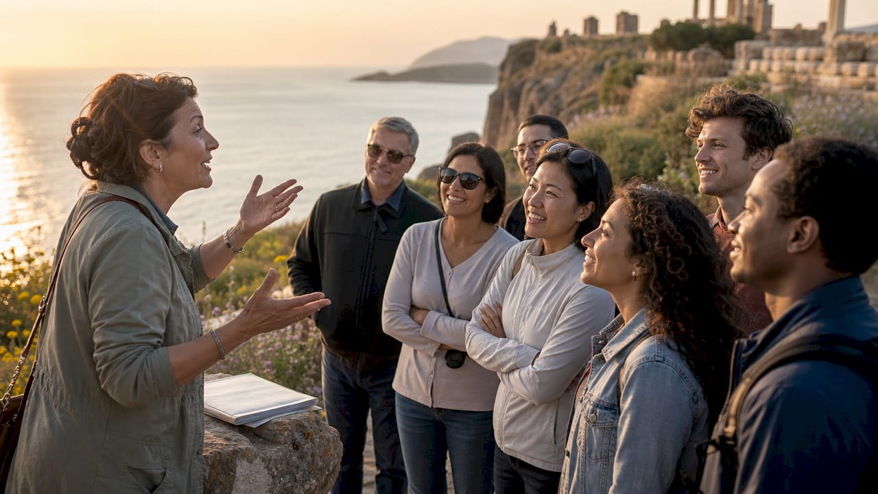 Tour guide engaging visitors outdoors