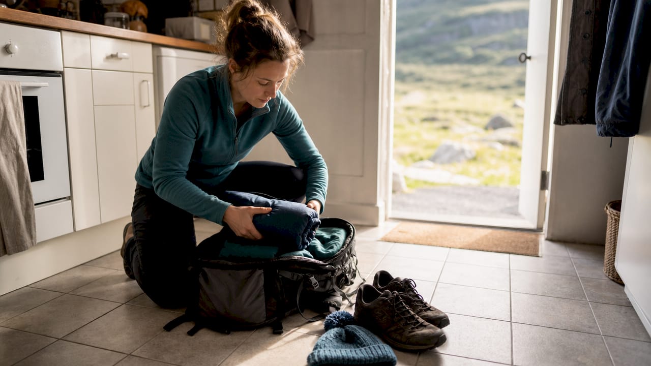 Person packing waterproof jacket into backpack