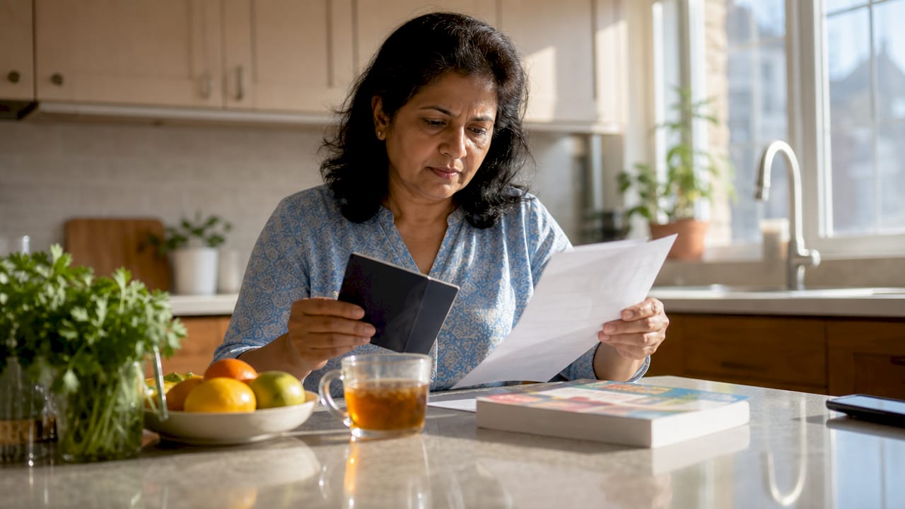 Woman scanning travel documents indoors