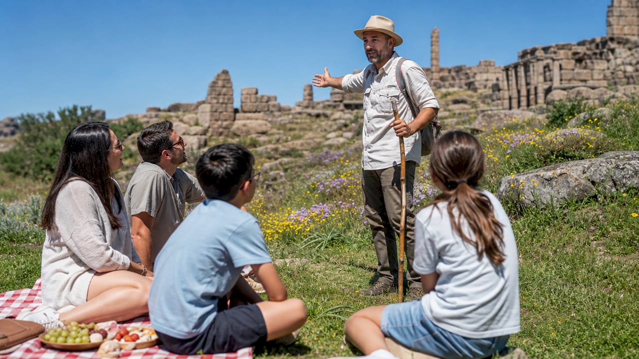 Family listening to guide at heritage site