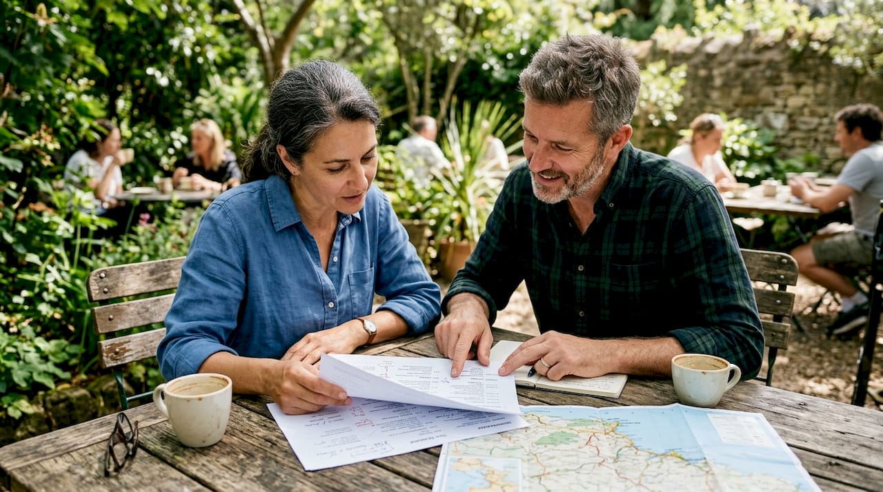 Couple reviewing multi-day tour plans in café