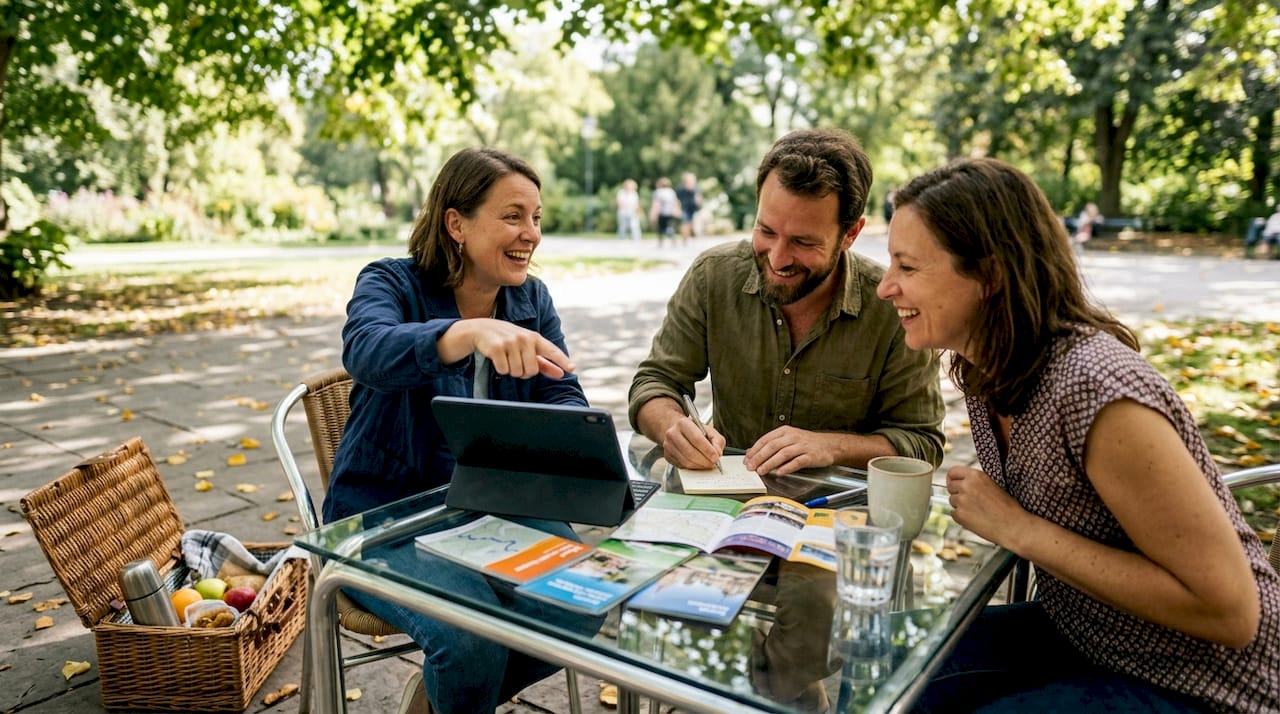 Group planning birthday tour around table