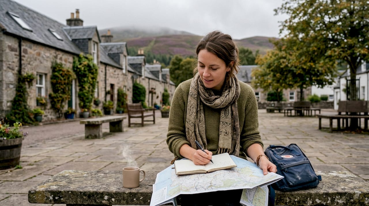 Traveller plotting tour route outside