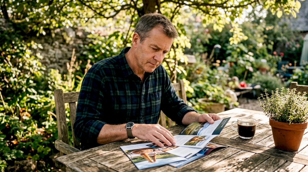 Man planning whisky tour with brochures