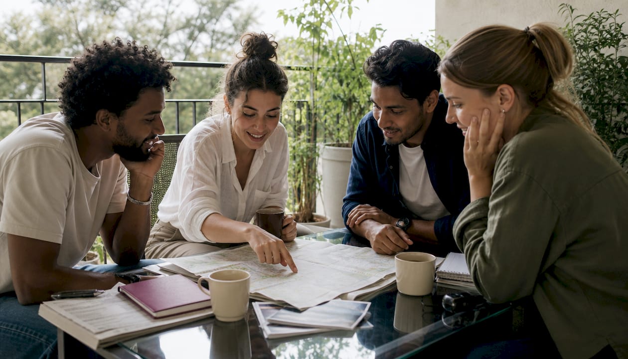 Group discussing travel plans around map