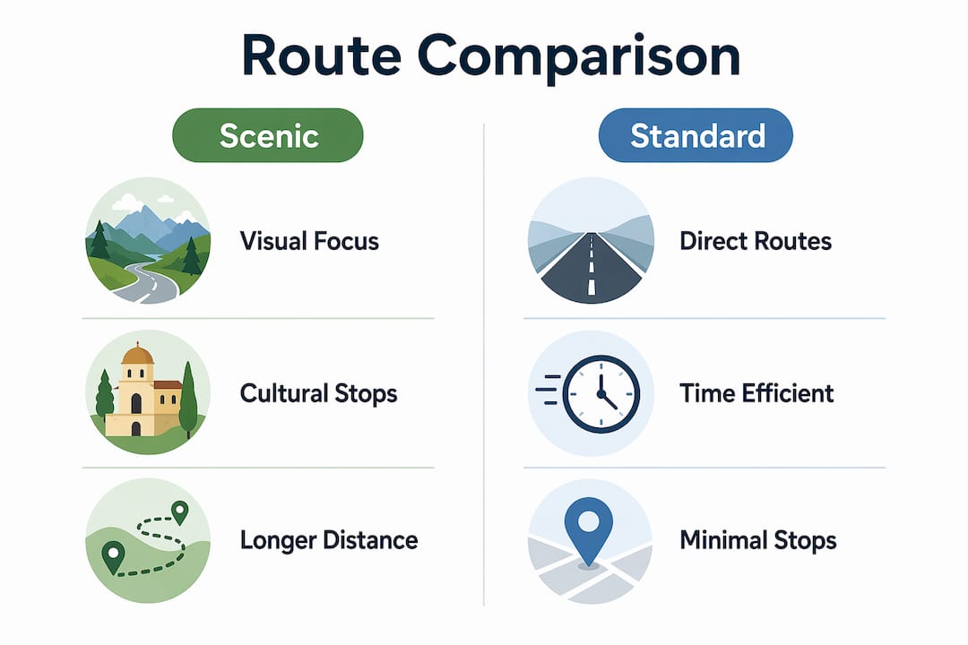 Infographic comparing scenic and standard travel routes