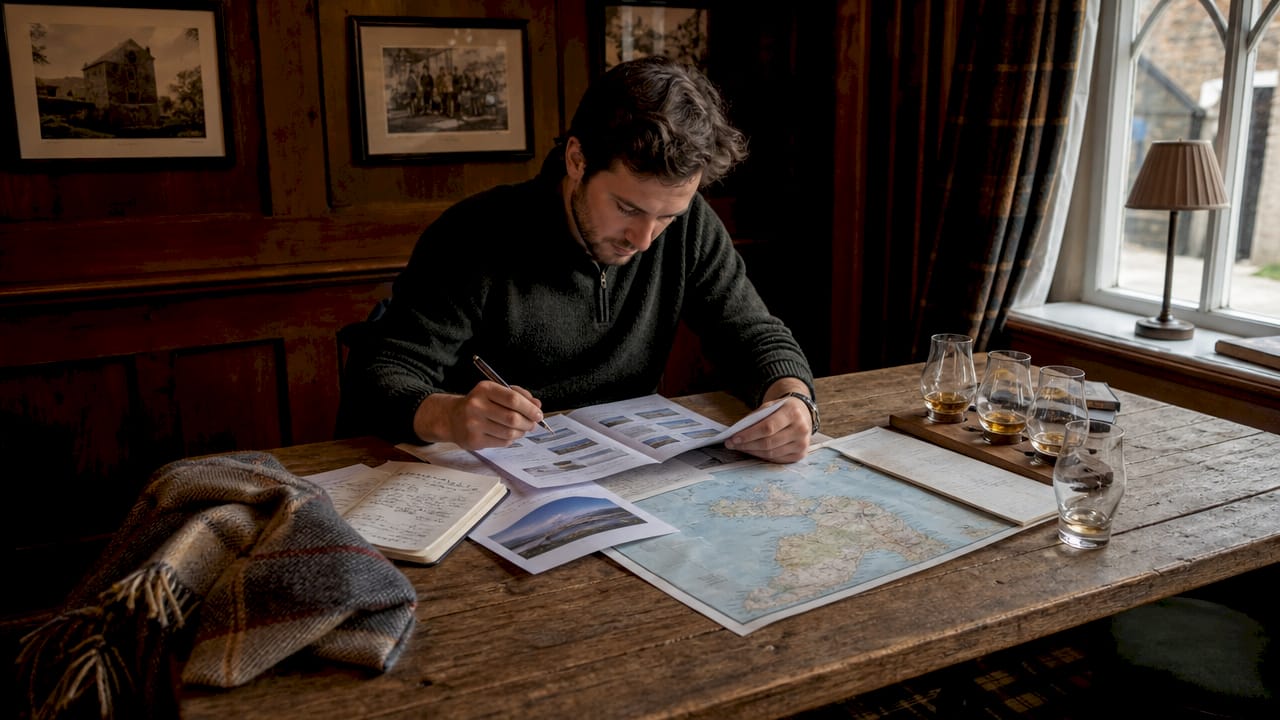 Man planning whisky tour itinerary at cozy kitchen table