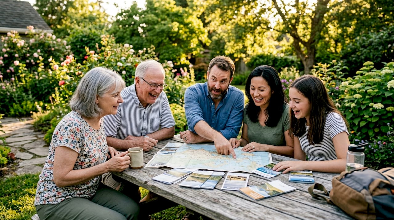 Family planning trip around table with map