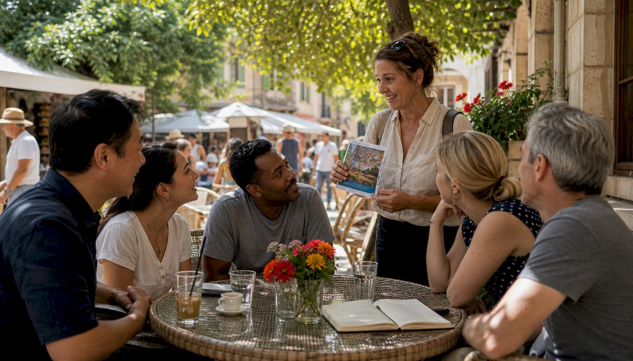 Diverse group listening to tour guide at travel agency
