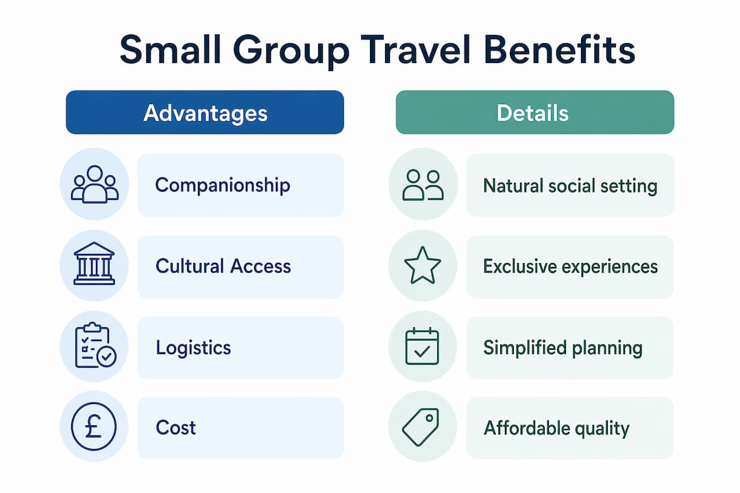 Infographic showing benefits of small group travel compared with details