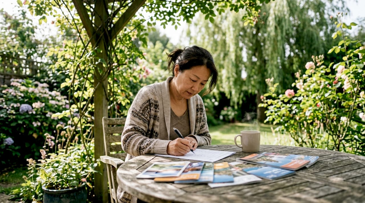 Woman completing travel preference questionnaire at desk