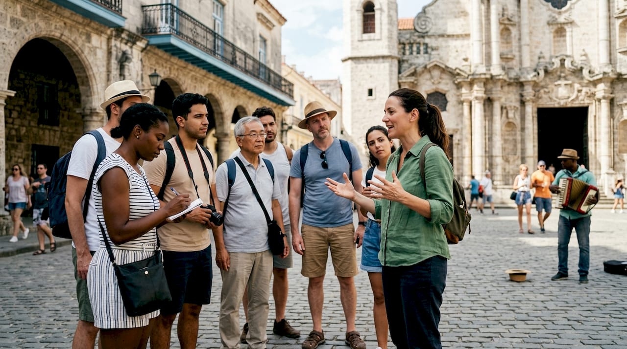 Small tour group listening to guide outdoors