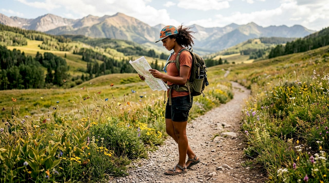 Woman hiking on forest trail during adventure holiday