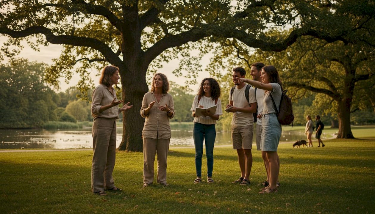 Small group listening to local guide outdoors