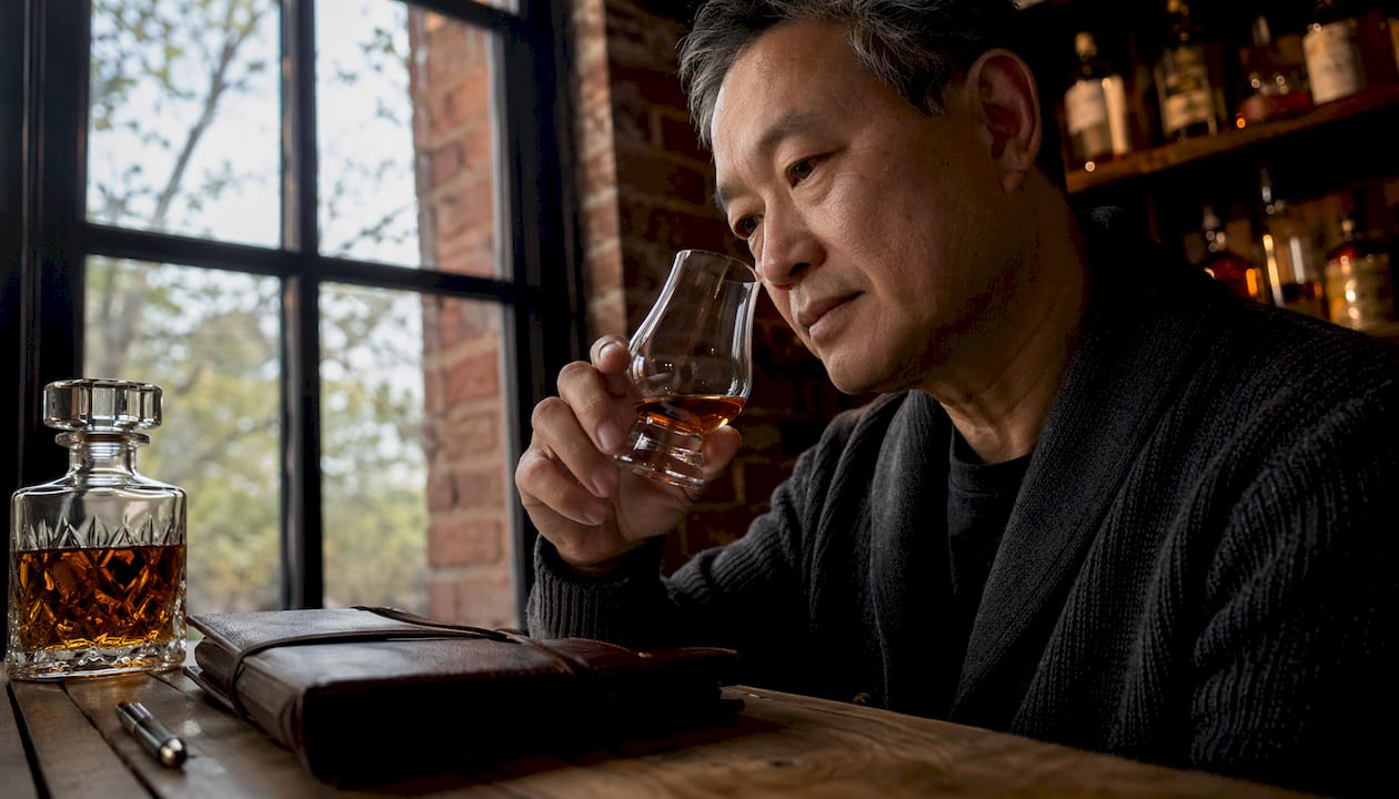 Man nosing whisky in tasting room