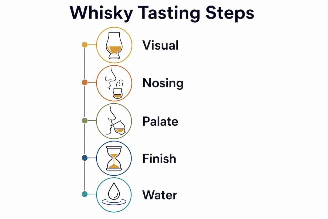 Infographic illustrating whisky tasting steps from visual to water addition