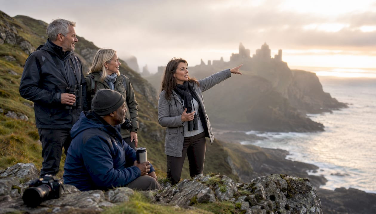 Group enjoying Scottish Highlands castle view