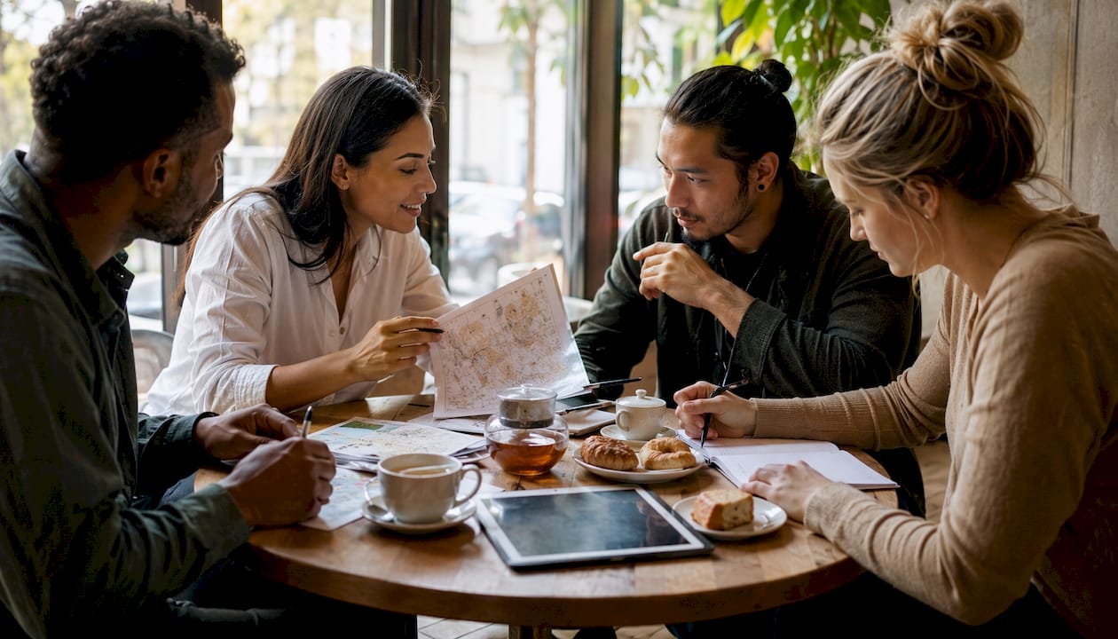 Group planning travel budget at kitchen table