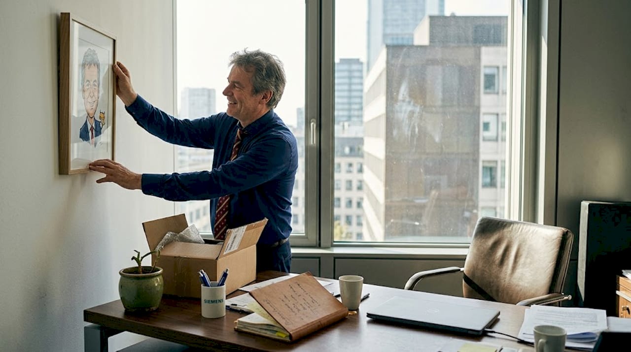 Ein Mann bringt ein Kunstwerk, das er geschenkt bekommen hat, in seinem Büro an.