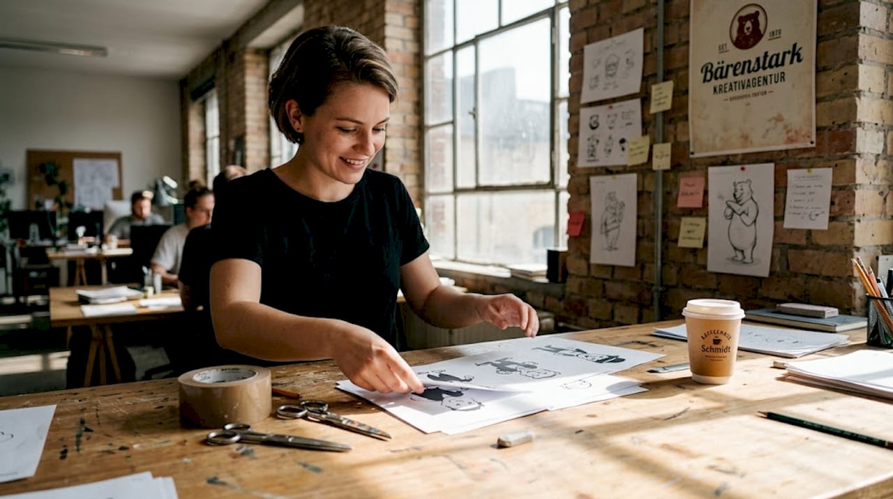 Ein Designer ordnet verschiedene Drucke von Maskottchen-Karikaturen an.