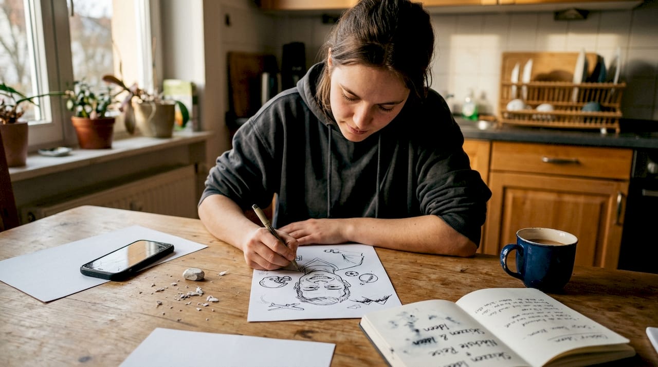 Eine Frau verleiht ihrer Karikatur mit witzigen Accessoires noch mehr Persönlichkeit.