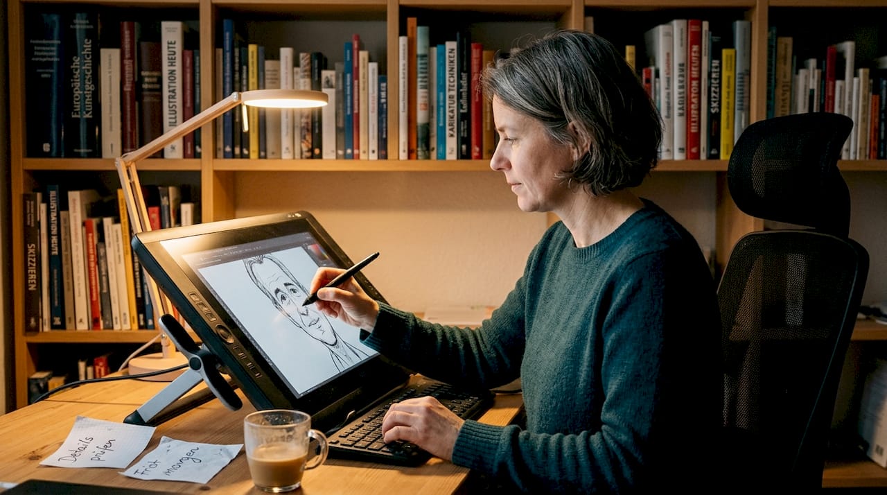 Die Künstlerin gestaltet gerade eine digitale Karikatur.