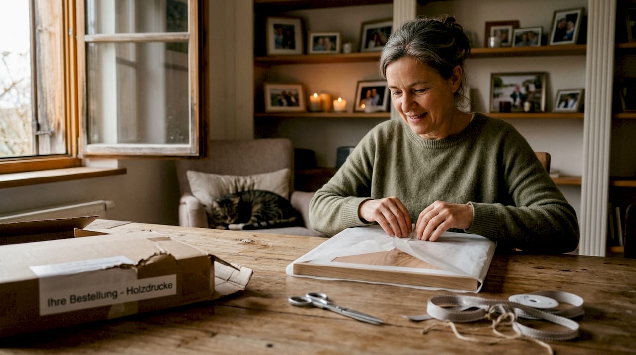 Jemand verpackt einen individuell gestalteten Holzdruck als Geschenk.