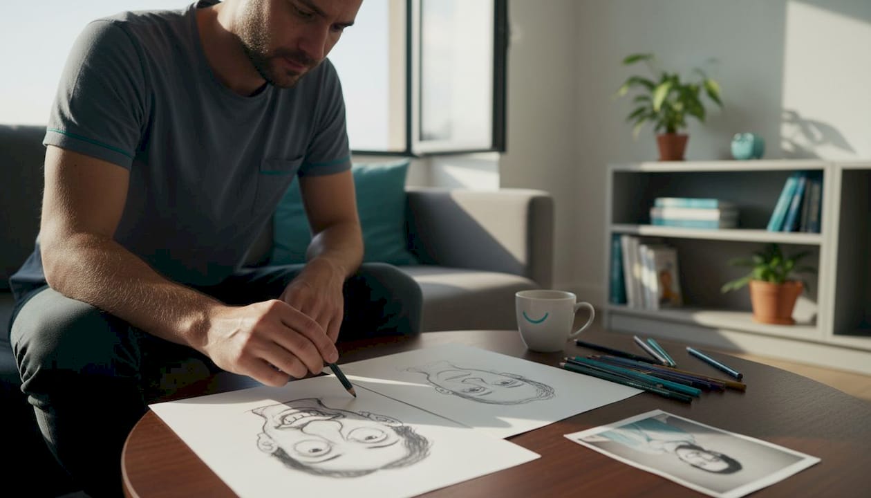 Karikaturist stellt zwei Porträtzeichnungen gegenüber