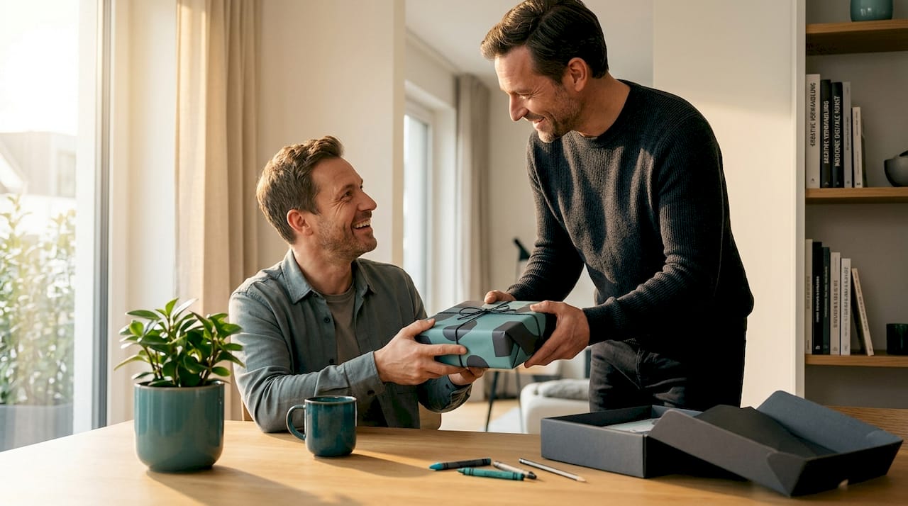 Am Tisch werden selbstgemalte Geschenke ausgetauscht.