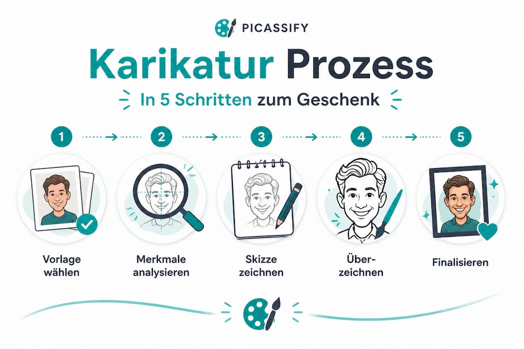 Grafische Übersicht: So entsteht eine Karikatur – Schritt für Schritt erklärt