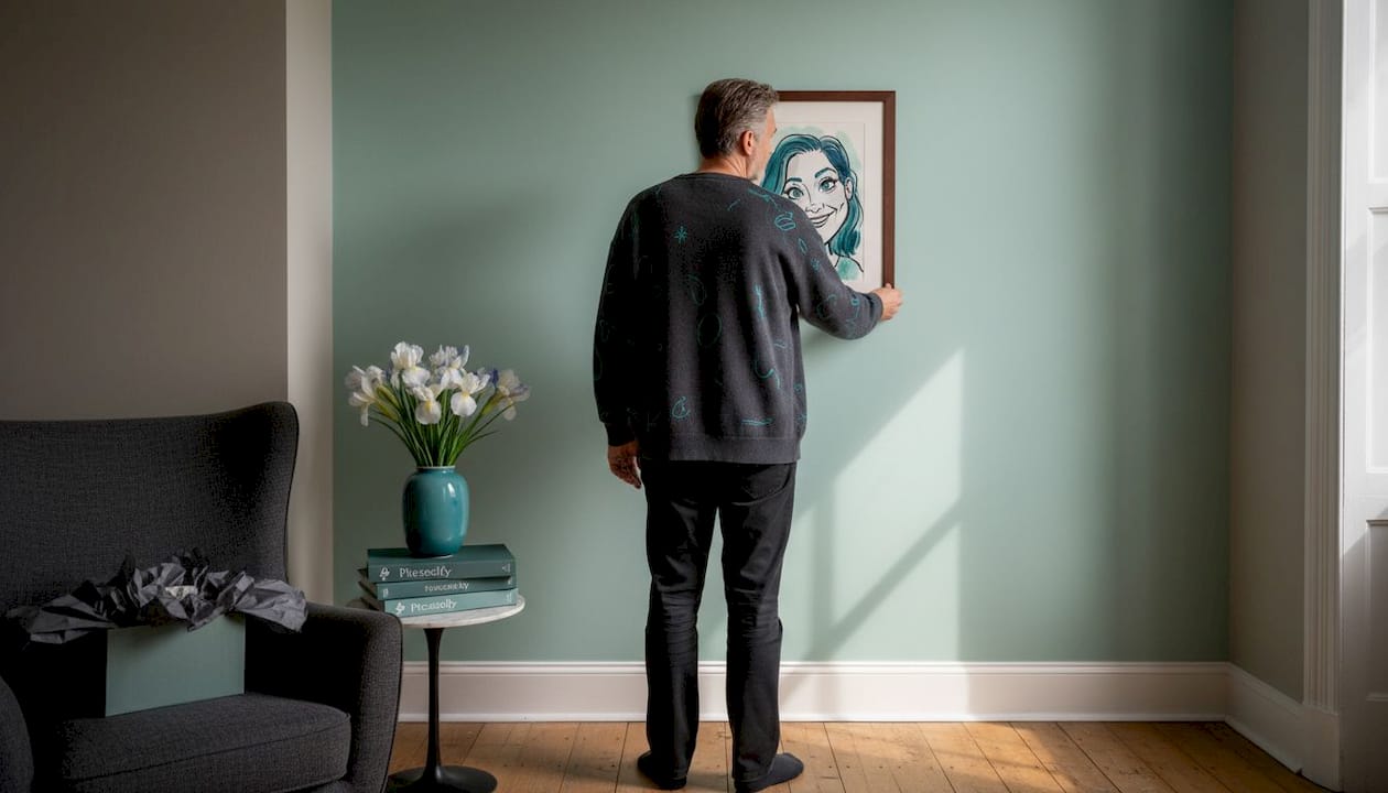Ein Mann bringt eine handgemalte Karikatur im Wohnzimmer an.