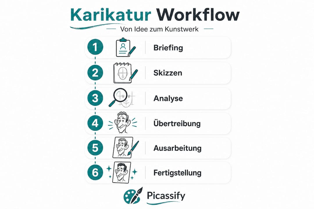 Eine anschauliche Grafik, die den Ablauf Schritt für Schritt als Karikatur darstellt