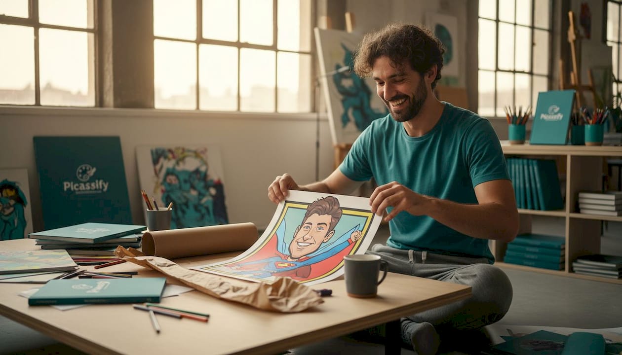 Ein Mann packt ein Geschenk aus, in dem sich eine witzige Superhelden-Karikatur befindet.
