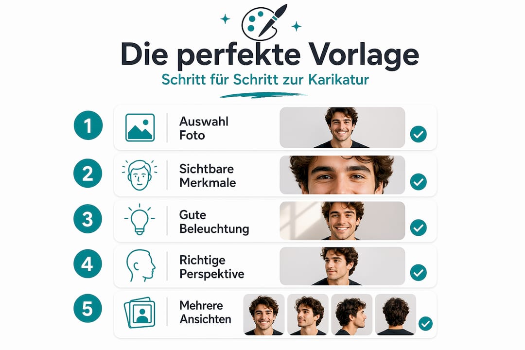 Infografik: So finden Sie die passende Karikaturvorlage – Schritt für Schritt erklärt