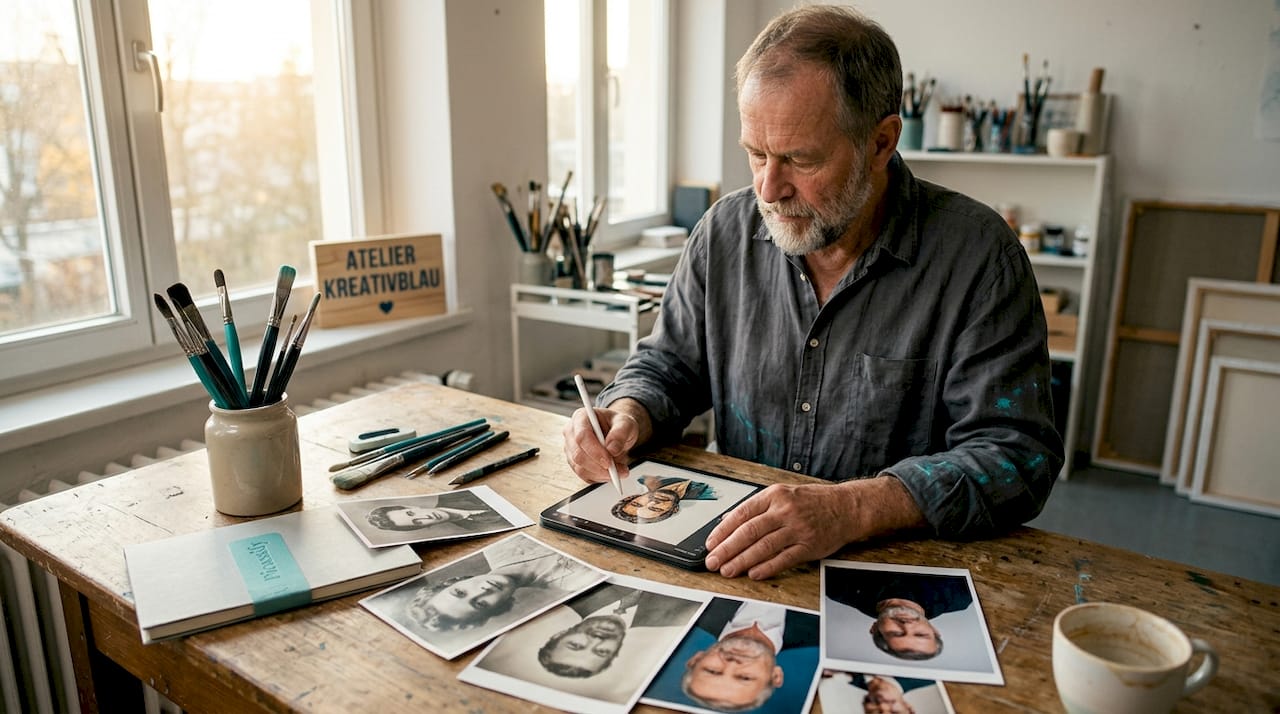 Im Atelier überträgt der Künstler seine Karikatur-Entwürfe in digitale Form.