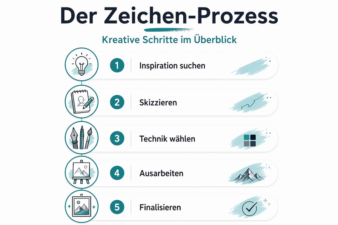 Grafik: Fünf Schritte auf dem Weg zum kreativen Zeichenprozess