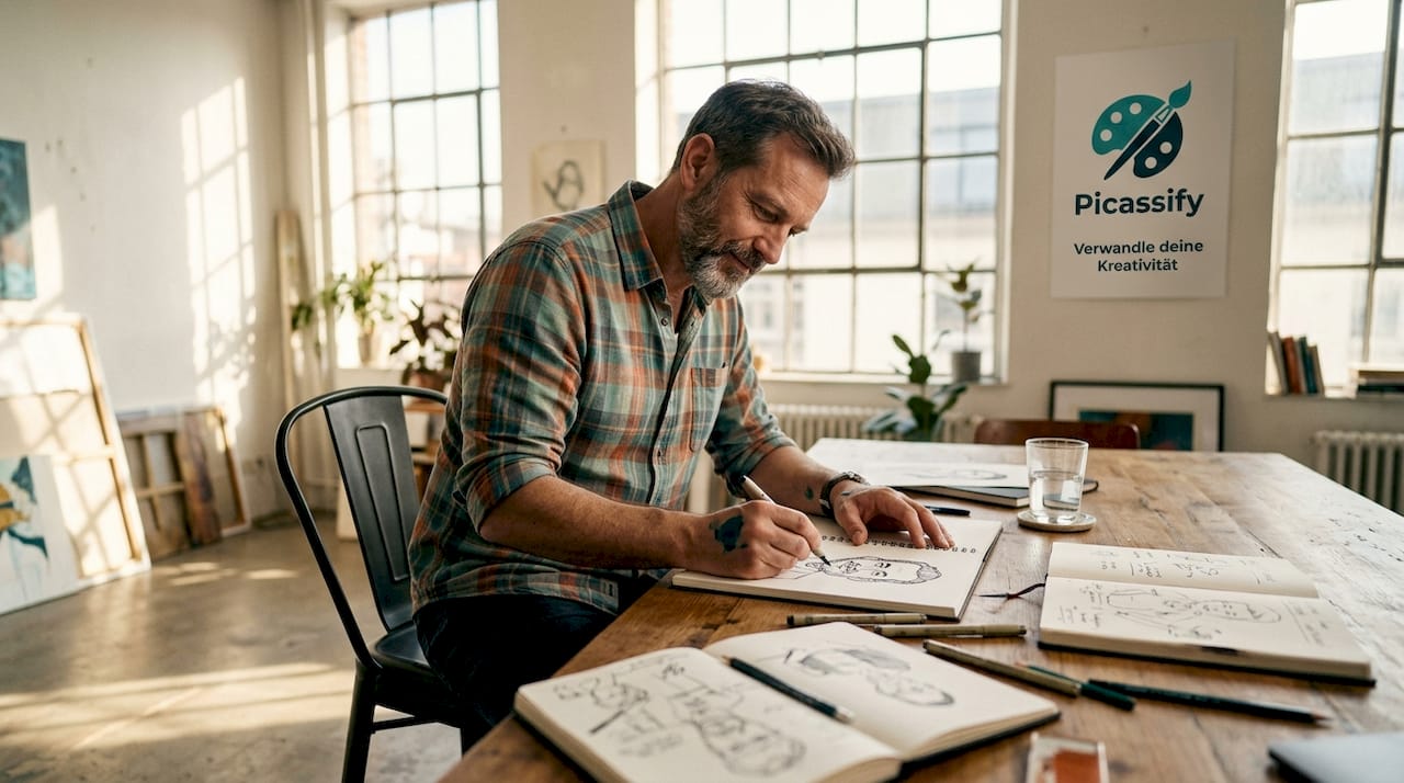 Ein Künstler verleiht seiner handgezeichneten Karikatur im Atelier den letzten Schliff.